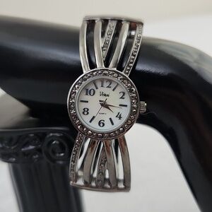 Vivani Silver Tone Rhinestone Cuff Bracelet Watch Working Quartz Dress Watch